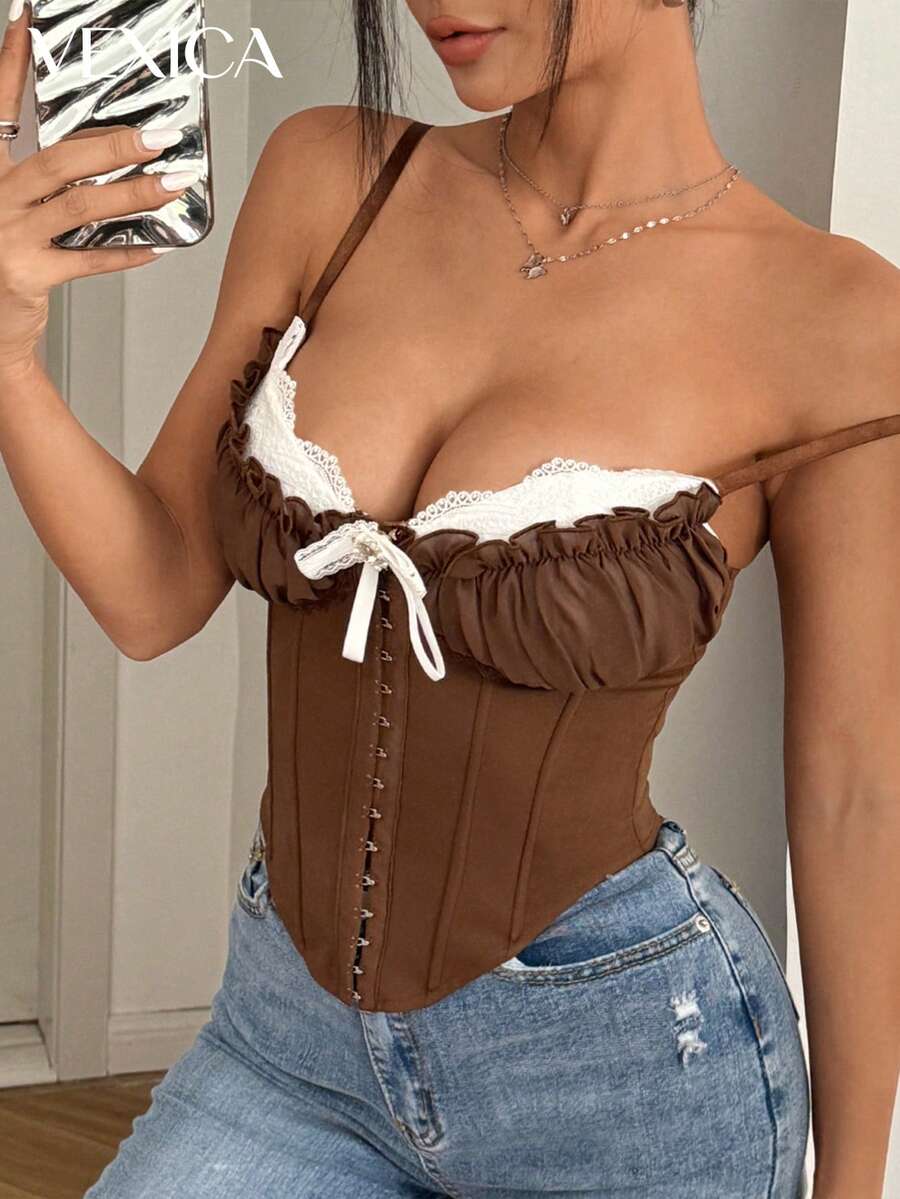 Áo hai dây ren lưới xuyên thấu màu nâu gợi cảm kiểu Y2K dành cho nữ của Vexica, thích hợp cho những buổi đi chơi mùa hè và mặc hàng ngày. - màu nâu - Xem 1