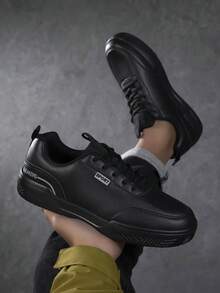 男士运动鞋、男士休闲鞋、时尚个性街头风学生帅气鞋、系带男鞋、男士滑板鞋 - 黑色 - 查看 3