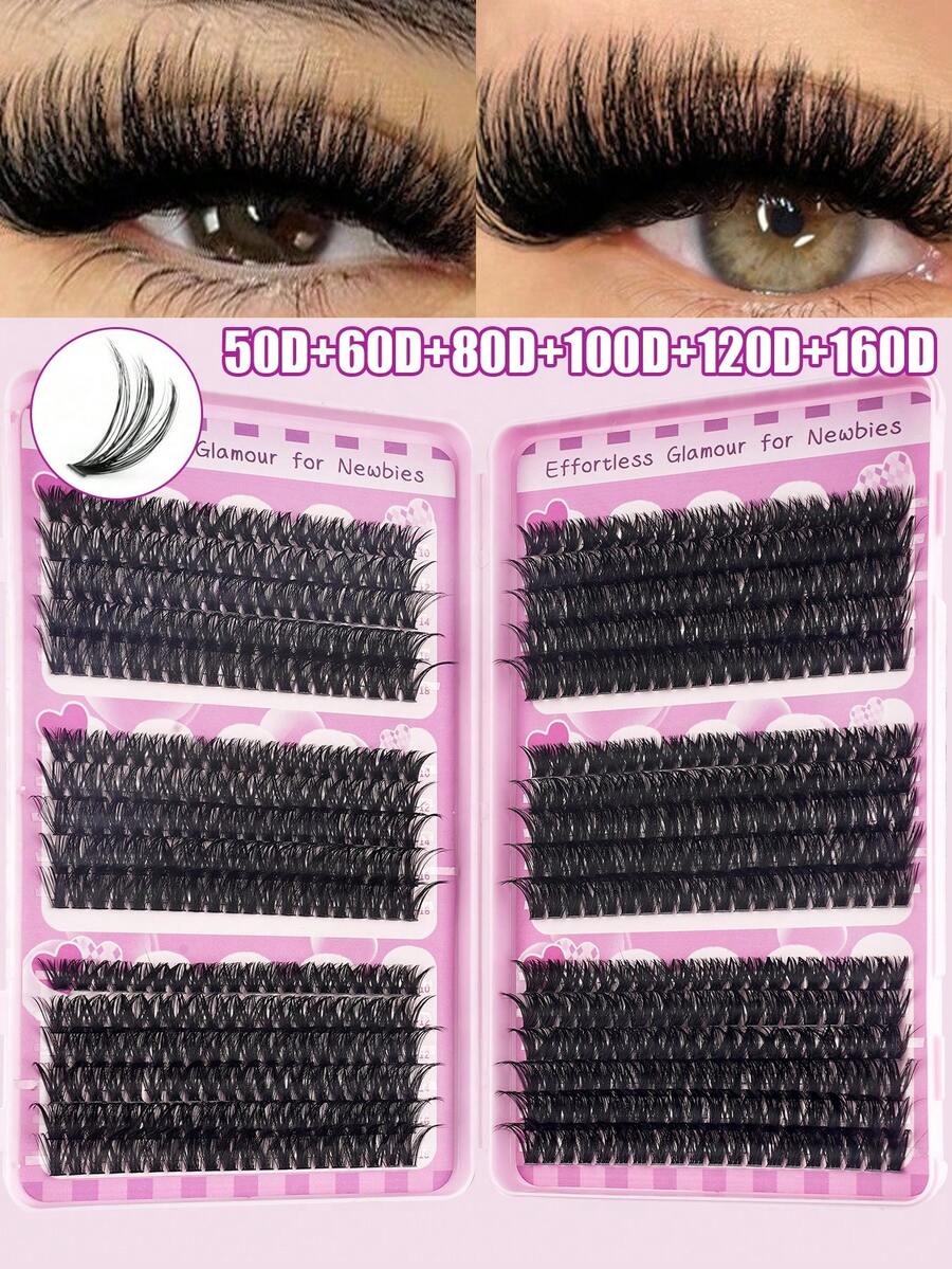 570片D型卷翘蓬松假睫毛套装，大容量DIY假睫毛套装，适合初学者，持久耐用，混合单根假睫毛款式，DIY睫毛簇，在家轻松打造迷人双眸，美容必备，大容量假睫毛套装，适合旅行、日常佩戴（适合初学者）、婚礼、约会、派对、节日，也是圣诞节/万圣节/送礼的理想假睫毛套装。