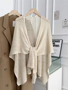 1 Pc Hollow Out Knitted Shawl Shrug Fake Collar For Women, Summer Korean Style, Versatile Neck Protection For Office Air-Conditioned Room, Decorative Outerwear With Knot Scarf, Suitable For Daily, Home & Work Wear - Màu be - Xem 8