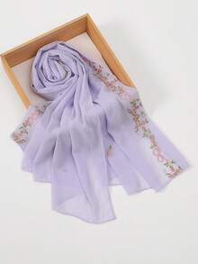 1条女士纯色花卉刺绣雪纺头巾，尺寸70x170厘米，柔软舒适，轻盈透气，用途广泛，长款设计，优雅的撞色刺绣，适合日常佩戴，四季皆宜。 - 彩色 - 查看 4