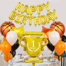 35pcs Basketball Birthday Party Balloon Set, Includes Happy Birthday Banner, Trophy Balloon, Basketball Balloon, Pentagram Balloon, For Basketball Theme Birthday Party Decoration, Sports Party Balloons, Basketball Court Decor, Birthday Decoration, Baby Shower, Sports Game Birthday Party, Home Decor, Boy Birthday, Basketball Gift - Multicolor - View 5