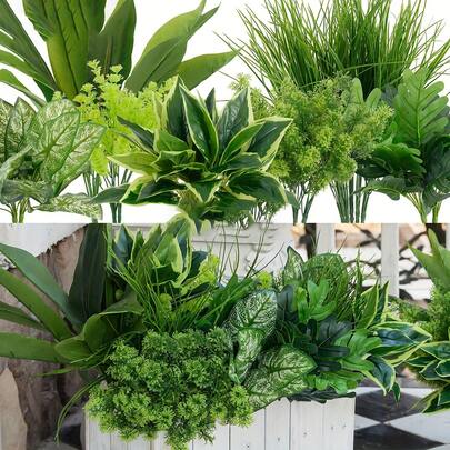 18 cành cây xanh nhân tạo, lá cây giả bằng nhựa dùng trang trí chậu cây treo trong nhà và ngoài trời, sân vườn, hiên nhà, bệ cửa sổ, nhà cửa, đám cưới, trang trí nhà nông trại.