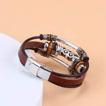 Hollowed-Out Curved Tube Beaded Stainless Steel Clasp Genuine Leather Bracelet - Coffee Brown - View 6