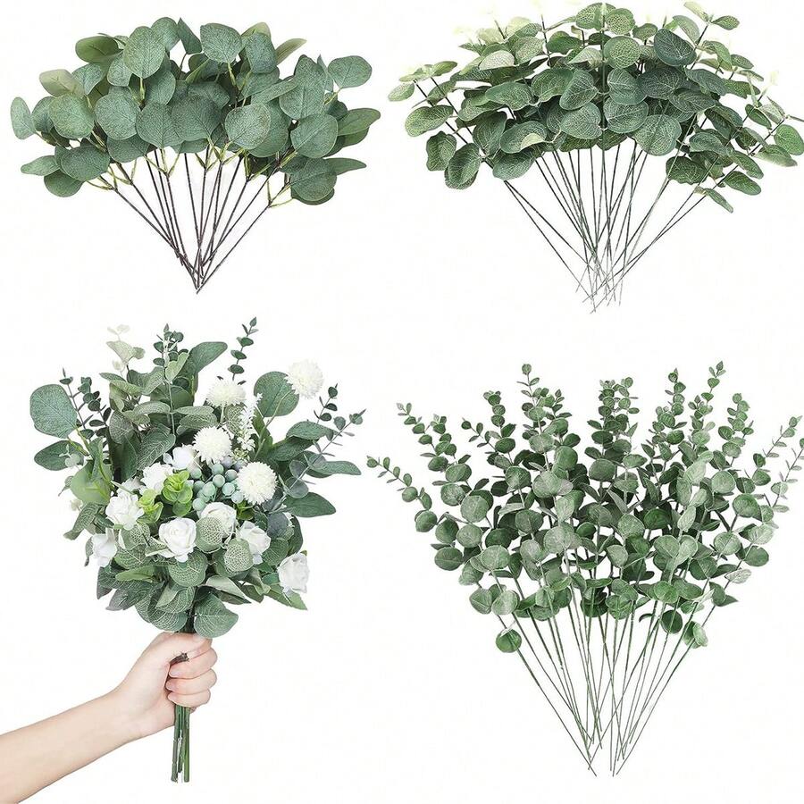 3/30/60/120pcs Mixed Eucalyptus Leaves & Stems, Artificial Silver Dollar Eucalyptus Leaves, Dried Eucalyptus Bunches, Wedding Vase Floral Decor - Green - View 1