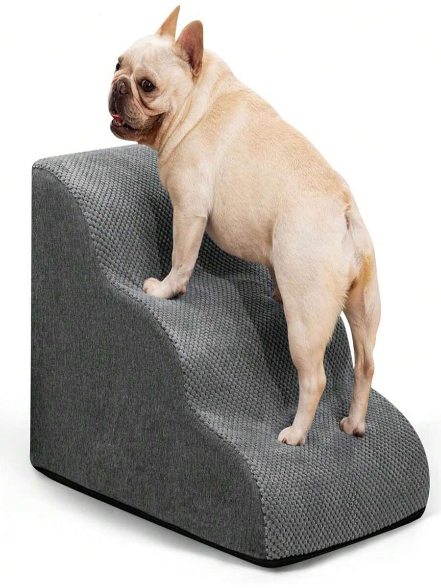 1pc Pet Stairs, Suitable For Dogs & Cats, Bedside Pet Staircase Ramp, Made Of Sponge Material, All-Season Use, Removable & Washable Pet Stairs, Grey - Light Grey - View 1