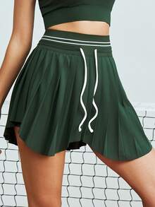 Leorrey 1pc Women High Waist Elastic Drawstring Waistband Anti-Exposure Asymmetrical Hem Pleated Sports Skirt - Green - View 3