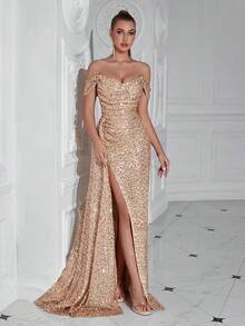 Women's 2026 Sequin Tulle Off Shoulder Floor Length Formal Evening Gown, Elegant Dress For Wedding Guest, Prom & Party - 香檳色 - 查看 6