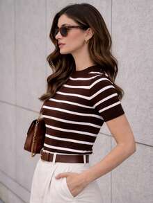 Women's Striped Modal Knit Blouse With Short Sleeves - 2026  - Versatile, Modern, Premium - Brown Striped - View 2