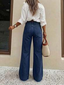 Nuevos pantalones vaqueros de pierna ancha de ajuste holgado y de alta calidad para mujer, cómodos para uso diario, para todas las estaciones, primavera - Negro - Ver 9