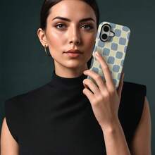 Retro Checkered Blue Checkerboard Phone Case, Soft Checkered Pattern Protective Cover, Suitable For IPhone 17 16 15 14 13 12 11 Pro Max - Blue - View 3