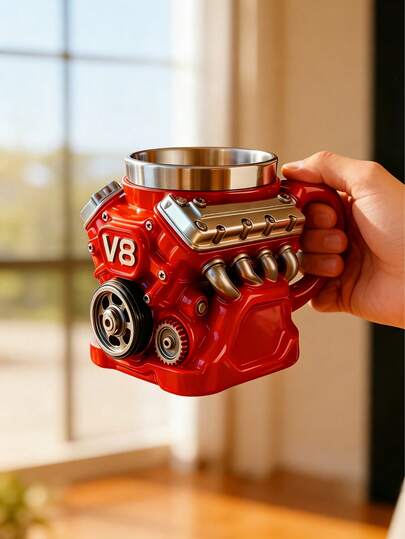 1 pieza Taza de café con motor vintage, Taza de acero inoxidable con motor V8, Taza, Regalo creativo para hombres, Taza de coche con aislamiento de doble capa personalizada con asa, Adecuada para el Día del Padre, Navidad, Esposo, Mecánico, Entusiasta del automóvil