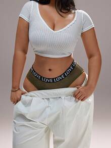 Plus Size Women's Sexy Lace Patchwork Seamless Panties, Comfortable Letter Waistband Sports Bra, Tummy Control Shapewear - Olive Green - View 7