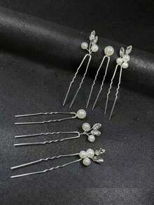 6pcs Pearl Hair Clips, Handmade Crystal U-Shaped Hair Accessories For Brides, Wedding, Party,Summer,Beach - Silver - View 3