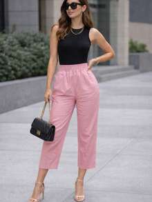 Pantalón dama mujer cintura elástica delgado y fresco para verano de moda casual unicolor - Rosa - Ver 5