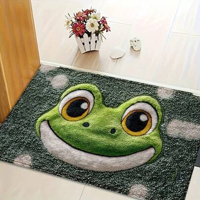 青蛙图案蓬松超柔软浴室地垫 - 可水洗、速干吸水，低绒毛，长方形，绿色底，黄色眼睛，白色微笑，机织涤纶面料，是浴室或厨房装饰的理想之选。浴室地垫 | 趣味设计 | 速干地垫，浴室地垫，奢华天鹅绒地毯
