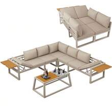 Modular Outdoor Sofa Set With Adjustable Backrest, Folding Armrests And Metal Ice Bucket, 10 Cm Thick Cushions For Terrace, Balcony, Poolside, Grey/Beige - 米色 - 查看 12