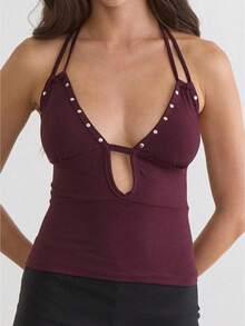 Women Studded Halter Top Sleeveless Open Back V Neck Slim Fit Tank Top Y2k Going Out Tops Club Party Outfits - 酒紅色 - 查看 1