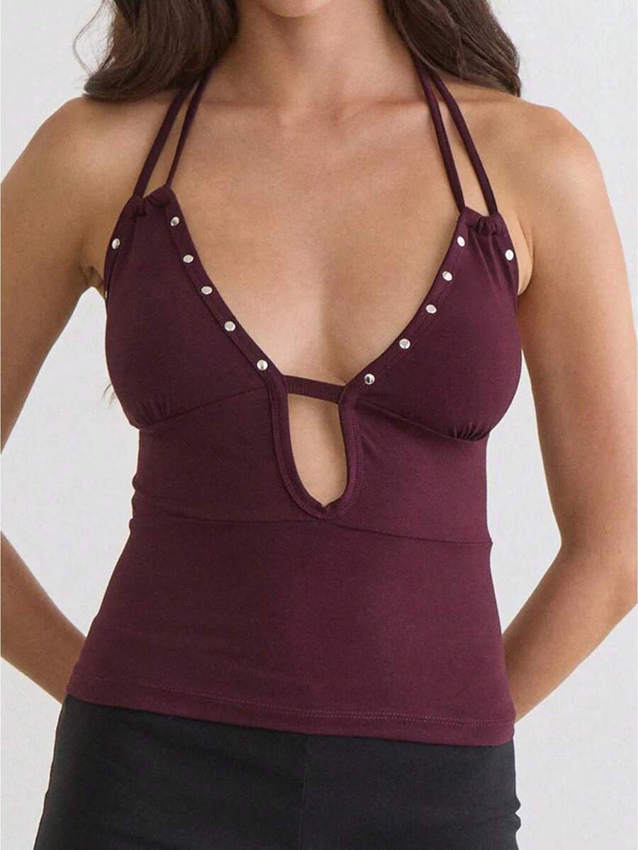Women Studded Halter Top Sleeveless Open Back V Neck Slim Fit Tank Top Y2k Going Out Tops Club Party Outfits - 酒紅色 - 查看 1
