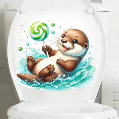 1pc Cute Otter Playing In Water, Licking Lollipop Pattern Toilet Seat Sticker, Detachable Self-Adhesive Waterproof PVC Sticker, Suitable For Home Bathroom, Toilet Seat Or Water Tank Decoration