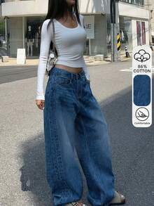 Washed Mid-Blue Retro Jeans, American Casual Denim Women's Design Spring/Summer , Loose Wide Leg Fashionable Jeans - Medium Wash - View 8