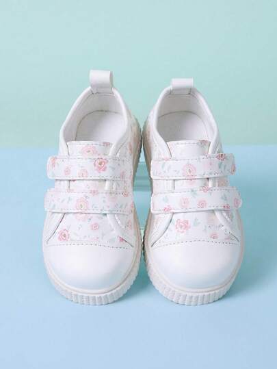 1双女童白色休闲运动鞋，波西米亚风随机牡丹花图案，柔软PU材质，圆头软底防滑，双绑带设计，时尚可爱运动鞋，适合日常、休闲、度假、上学、跑步等场合。