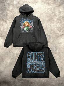 Men's "Saints & Angels" Angel Earth Washed Hoodie – Vintage Cherub & Globe Graphic Oversized Hoodie, Retro Y2K Streetwear Casual Top - 黑色 - 查看 6