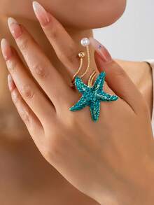 1 pieza Anillo de estrella de mar de resina con estilo de vacaciones, accesorio casual para mujeres - Azul - Ver 1