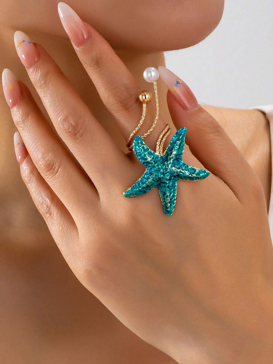 1 pieza Anillo de estrella de mar de resina con estilo de vacaciones, accesorio casual para mujeres - Azul - Ver 1