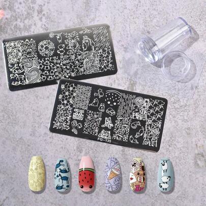 2片卡通动物美甲印花板，1个带盖美甲印章，1个带刮板的美甲印花工具