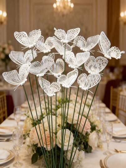 10pcs 3D Realistic Butterfly Decoration Rods, Suitable For Garden, Wedding Party Decor, Can Be Placed On Lawn, Flower Boxes, Window Sills, Outdoor Balcony, Made Of Weather-Resistant PVC Material, Applicable For Wedding, Holiday, Party Decoration