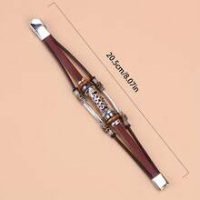 Hollowed-Out Curved Tube Beaded Stainless Steel Clasp Genuine Leather Bracelet - Coffee Brown - View 4