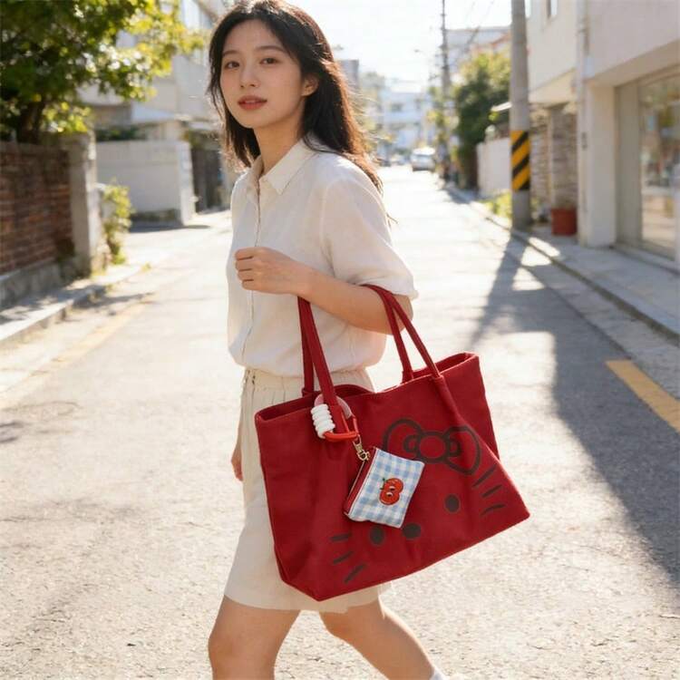 SANRIO 1个Hello Kitty帆布手提袋，大容量单肩包，适合购物和日常使用 - 查看 2