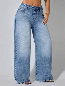 Low-Waist Wide-Leg Casual Blue Jeans With Slant Pockets, Summer Clothing Spring - 深色洗 - 查看 5