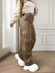 Brown Multi-Pocket Buttoned Casual Y2K Leisure Elegant And Cute Work Pants. Suitable For Back-To-School, Clubs, Birthday Parties, Halloween, New Year, Thanksgiving, Concerts, Gyms, Beaches, Vacations, Business, Daily Airport Wear, Street Style, Teacher's Day, Spring, Summer, Autumn And Winter. - 棕色 - 查看 3