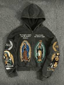 Vintage-Inspired Dark Academia Hooded Sweatshirt With Guadalupe Virgin Mary Print | Loose-Fit Washed Hoodie For A Streetwear Look | Religious Graphic Pullover For Effortless Style - Black - View 1