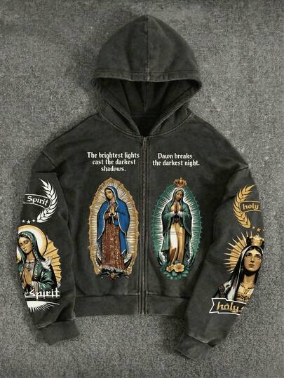 Vintage-Inspired Dark Academia Hooded Sweatshirt With Guadalupe Virgin Mary Print | Loose-Fit Washed Hoodie For A Streetwear Look | Religious Graphic Pullover For Effortless Style