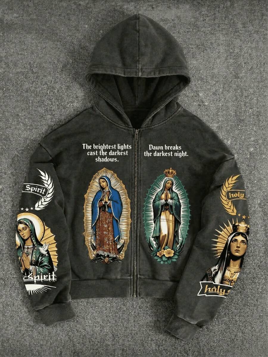 Vintage-Inspired Dark Academia Hooded Sweatshirt With Guadalupe Virgin Mary Print | Loose-Fit Washed Hoodie For A Streetwear Look | Religious Graphic Pullover For Effortless Style - Black - View 1