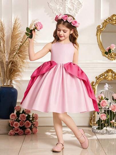 Young Girls' Round Neck Contrast Color Faux Pearl Waist Big Bow Satin Elegant Birthday Party Dress, Suitable For Birthday Party, Flower Girl, Wedding, Formal Occasions, Prom, Banquet, Does Not Include Headband