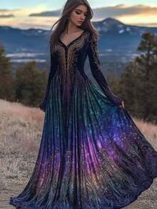 Ladies'  V-Neck Bohemian Dress With A Large Display, Elegant And Generous, Suitable For Travel, Beach Vacation, Wearing Lightweight And Breathable Fabric, Suitable For Spring, Summer And Autumn - A - 查看 2