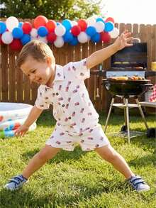 Toddler Boy 4th Of July Outfit Infant Baby Independence Day Patriotic Clothes Flag Print Short Sleeve Button Up T Shirt And Linen Shorts Set - 白色 - 查看 1
