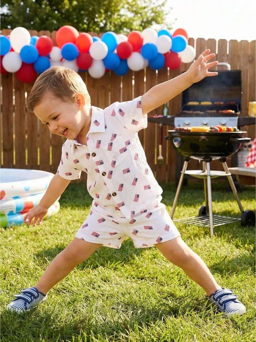 Toddler Boy 4th Of July Outfit Infant Baby Independence Day Patriotic Clothes Flag Print Short Sleeve Button Up T Shirt And Linen Shorts Set - 白色 - 查看 1