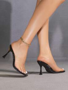 女士黑色休闲个性时尚方头露趾透明绑带平底凉鞋，日常简约舒适百搭细高跟凉鞋 - 黑色 - 查看 6