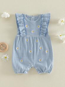Infant Baby Girls Rompers Daisy Embroidery Stripe Crew Neck Ruffles Fly Sleeve Waffle Infant Bodysuits Jumpsuits - Azul - Ver 6