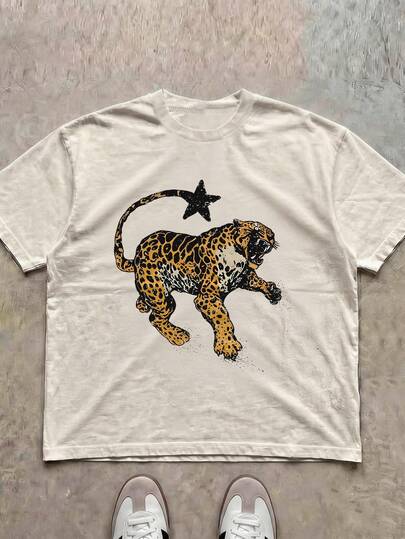 Áo thun cỡ lớn dáng rộng in họa tiết da báo, cổ tròn, tay ngắn, chất liệu co giãn tốt, thoải mái khi mặc hàng ngày.