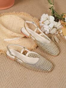2026 New Bohemian Hollow Out Woven Breathable Slip-On Mules, Flat Casual Comfortable Elegant Perforated Shoes, Lightweight, Breathable, Suitable For Daily Casual, Shopping, Office And Other Occasions - Gold - View 3