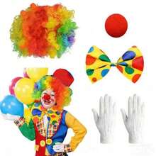 Bộ trang phục chú hề lễ hội 4 món bao gồm: Tóc giả chú hề cầu vồng, mũi giả, nơ đeo cổ, găng tay trắng, phụ kiện chú hề dự tiệc lễ hội, trang phục lễ hội. - Nhiều màu - Xem 1