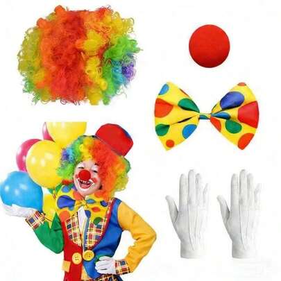 4件套嘉年华小丑服装套装，包括：彩虹小丑假发、鼻子、领结、白色手套、嘉年华派对小丑配饰、嘉年华服装