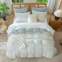 Sage Green Queen Size Comforter Set Striped 100% Soft Washed Microfiber Jacquard 3 Pieces Striped Bedding Sets Green White Comforter Queen for All Seasons and 2 Pillowcases Comfort Breathable - Rayas verde salvia - Ver 6