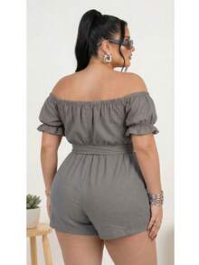 Short Romper Plus Size  Off-The-Shoulder Gringa Fashion Summer Ruched Sleeves Bow Fitted Casual Wear Shopping Holidays - Grey - View 8